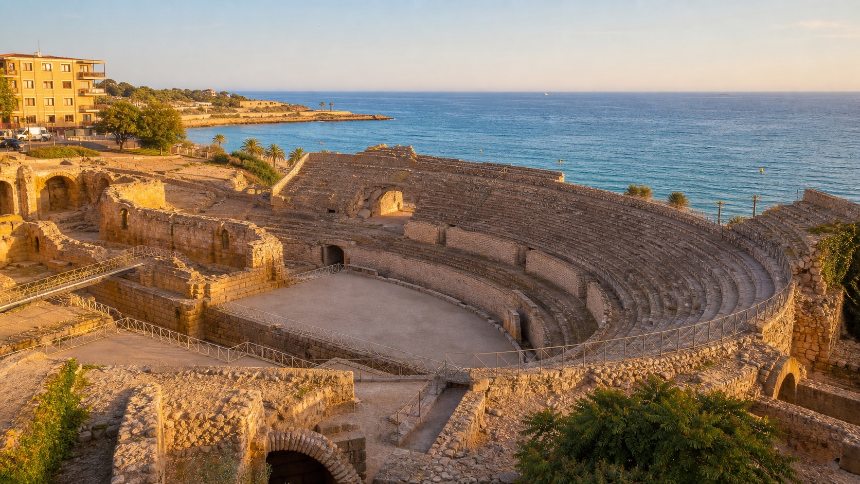 El anfiteatro romano de Tarragona frente al Mediterráneo